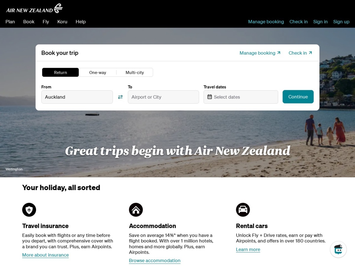 Homepage screenshot of the Air New Zealand website