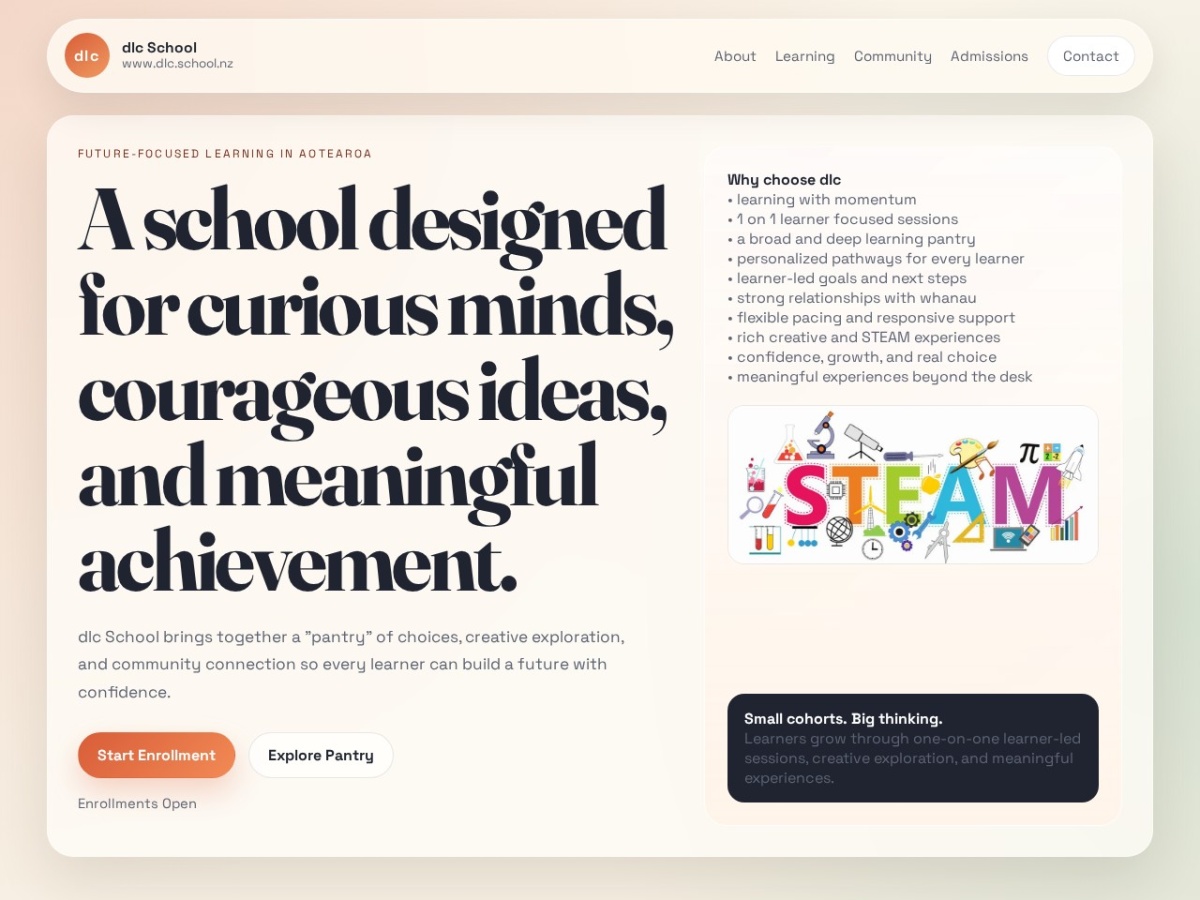 Homepage screenshot of the DLC School website