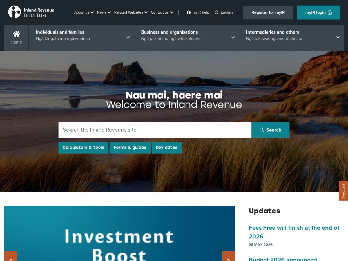 Homepage screenshot of the Inland Revenue website