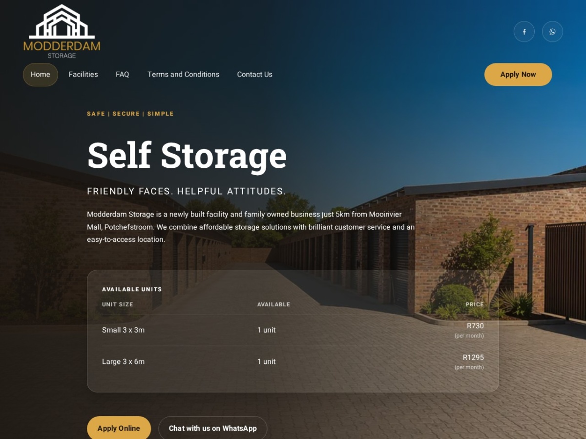 Homepage screenshot of the Modderdam Storage website