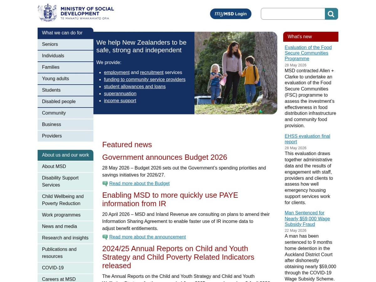 Homepage screenshot of the Ministry of Social Development website